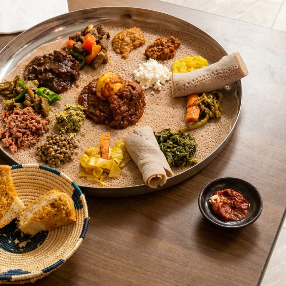 Large platter of Ethiopian injera topped with assorted stews, vegetables, lentils, rolled injera, and bread on a wooden table.