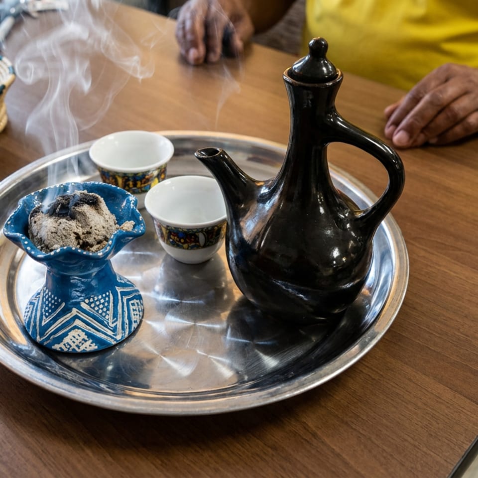Moroccan tea service with steaming cups, a black teapot, decorative sugar bowl, and peanuts on a wooden table.