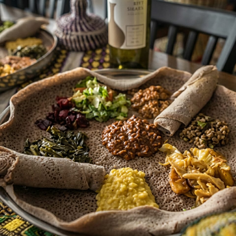 Ethiopian platter of injera flatbread surrounding colorful servings of lentils, vegetables, and stewed dishes on a patterned table.