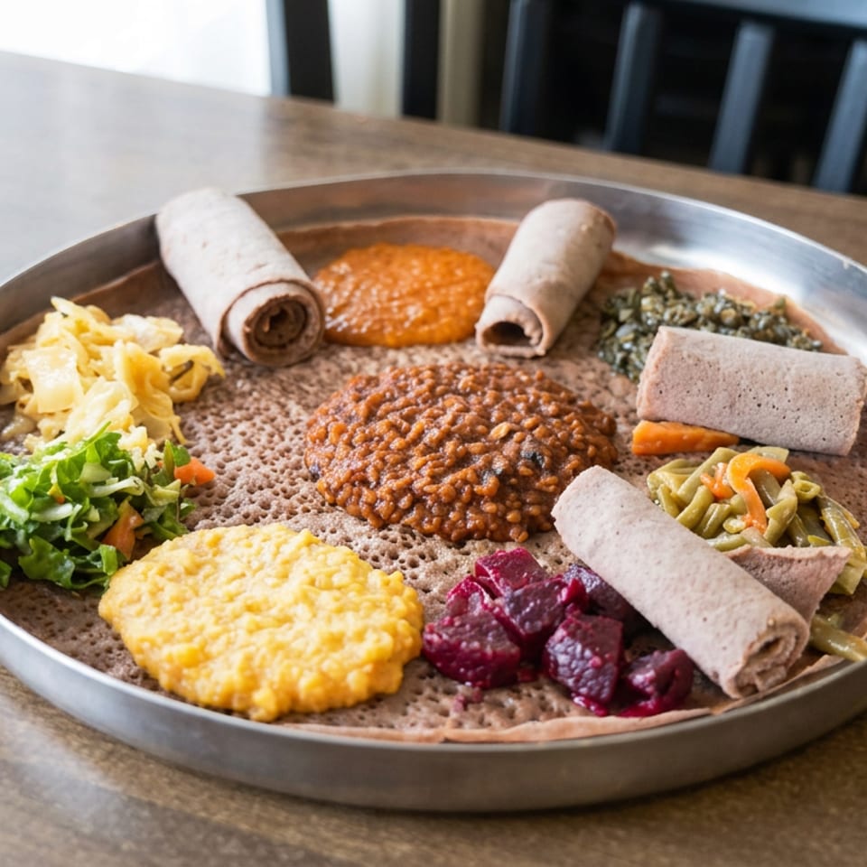 Large platter of Ethiopian injera topped with rolled flatbread, lentils, vegetables, stews, salad, and colorful side dishes on a restaurant table.