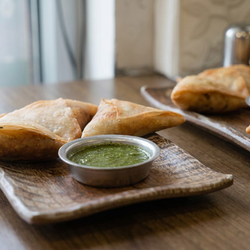 Golden fried pastries served on rustic rectangular plates with small bowls of green dipping sauce.
