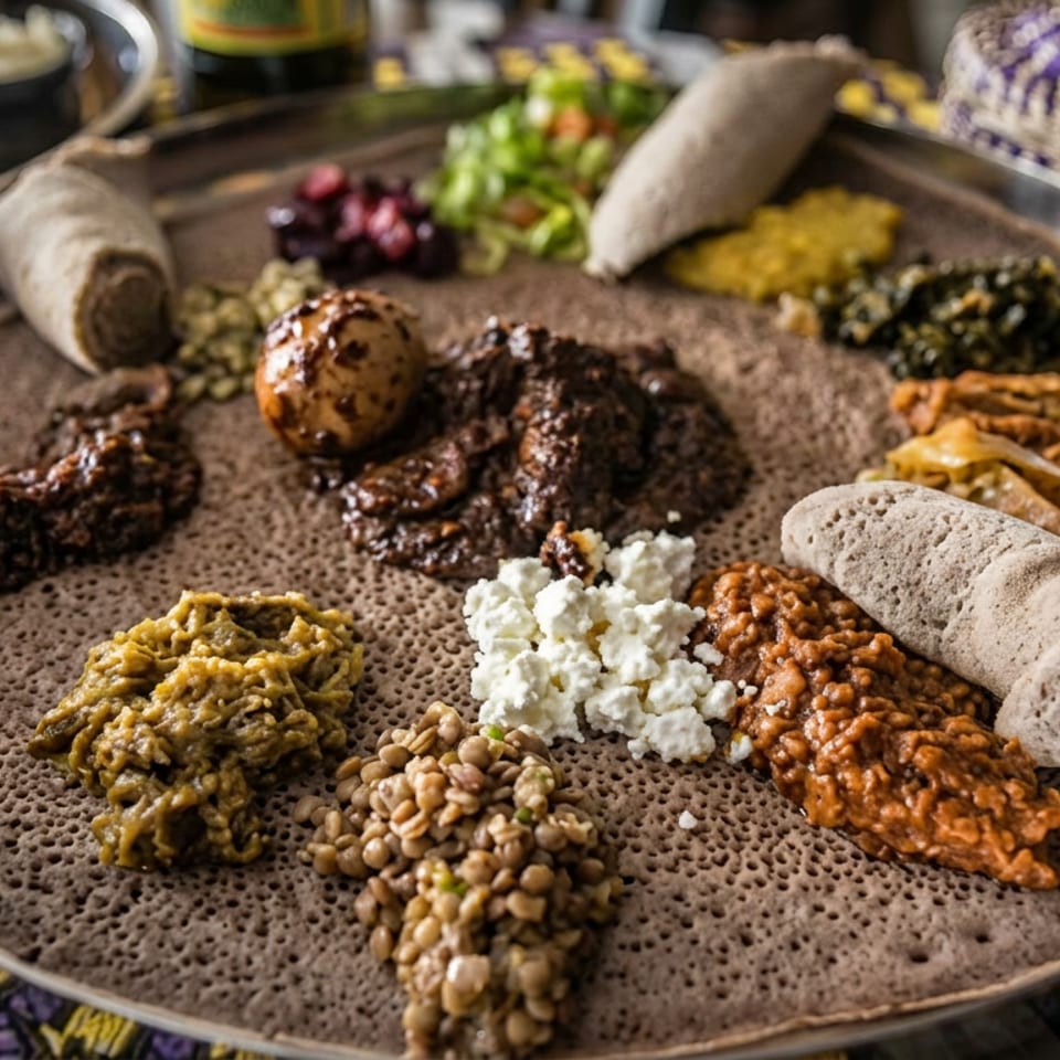 Ethiopian platter with injera, spiced meats, lentils, vegetables, legumes, and soft cheese on a patterned tablecloth.