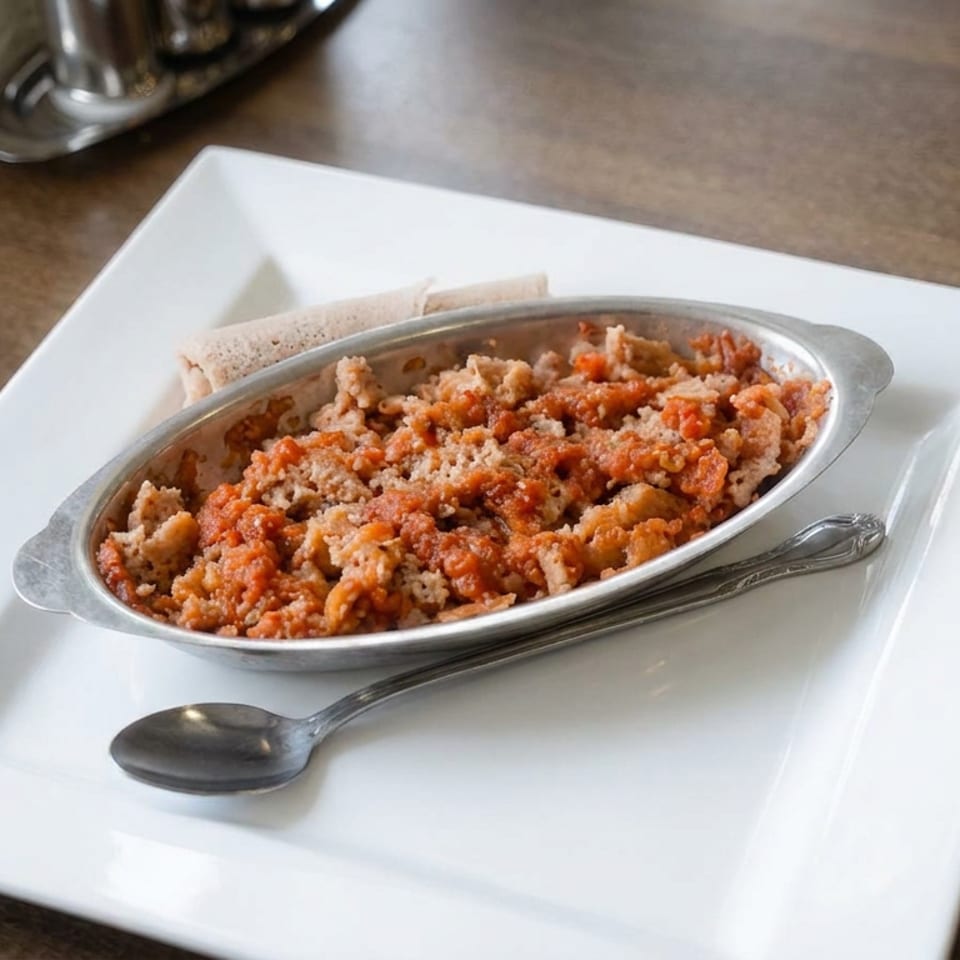 Oval metal dish of crumbly orange-brown food with bread slices and spoon on a white plate atop a wooden table.